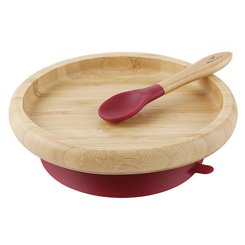 Bamboo Suction Classic Plate & Spoon - Magenta